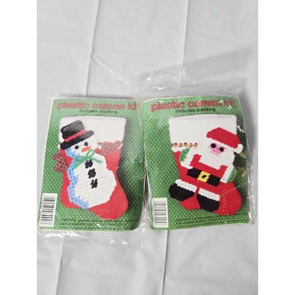Vintage Plastic Canvas Kit Stocking Santa & Snowmen Stitching Craft Set Of 2 - Picture 2 of 3